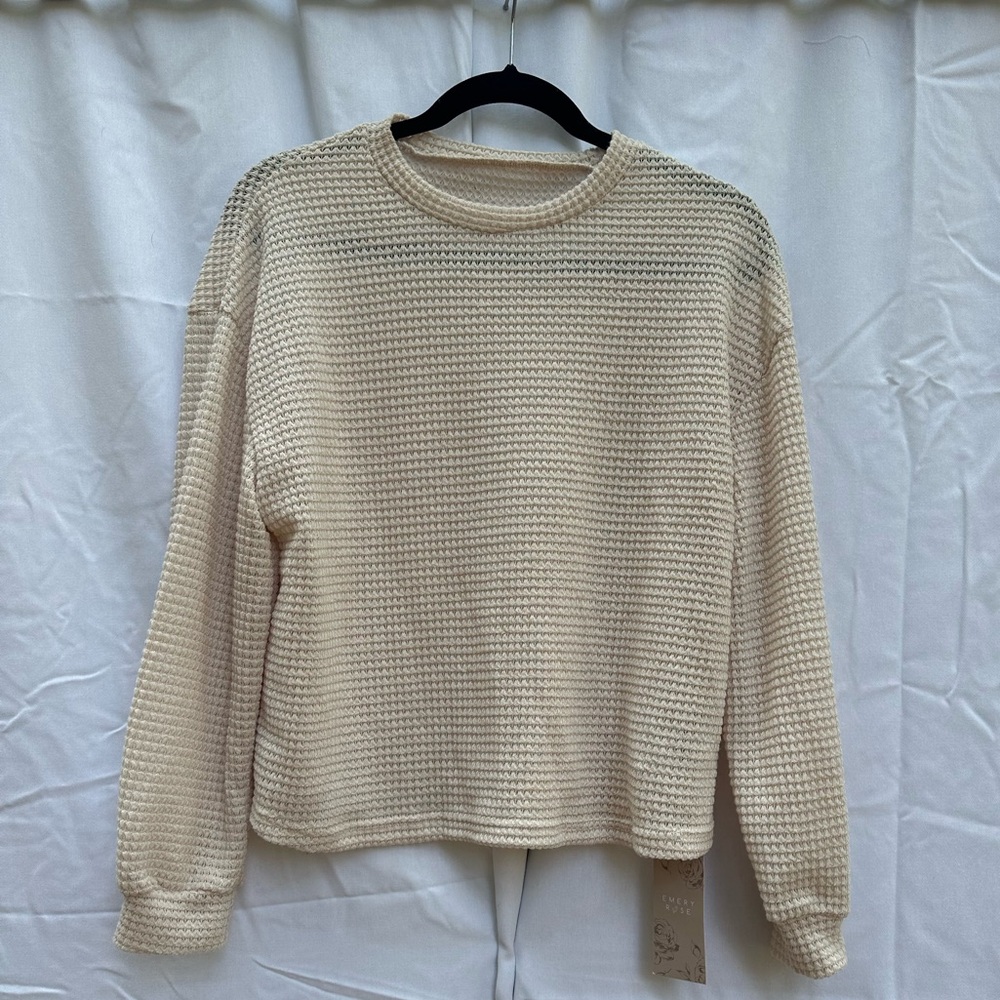 Emery Rose Womens Long Sleeve Waffle Cream Shirt NWT Size Small